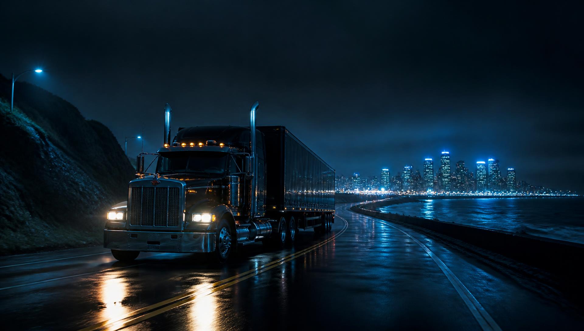 Bastone Freight & Haul semi truck on the coast highway at night